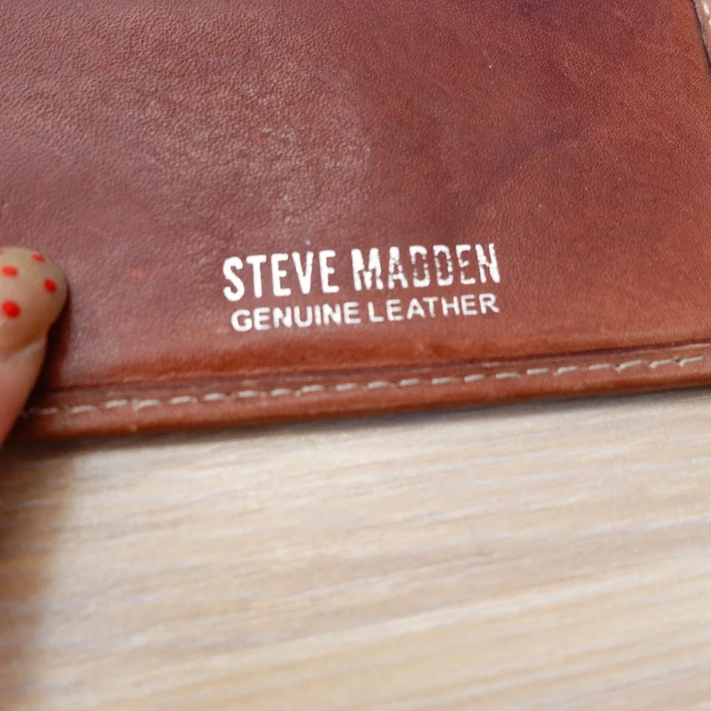 Genuine Leather Bifold Wallet Mens Tan Brown STEVE MADDEN Slim Flip ID